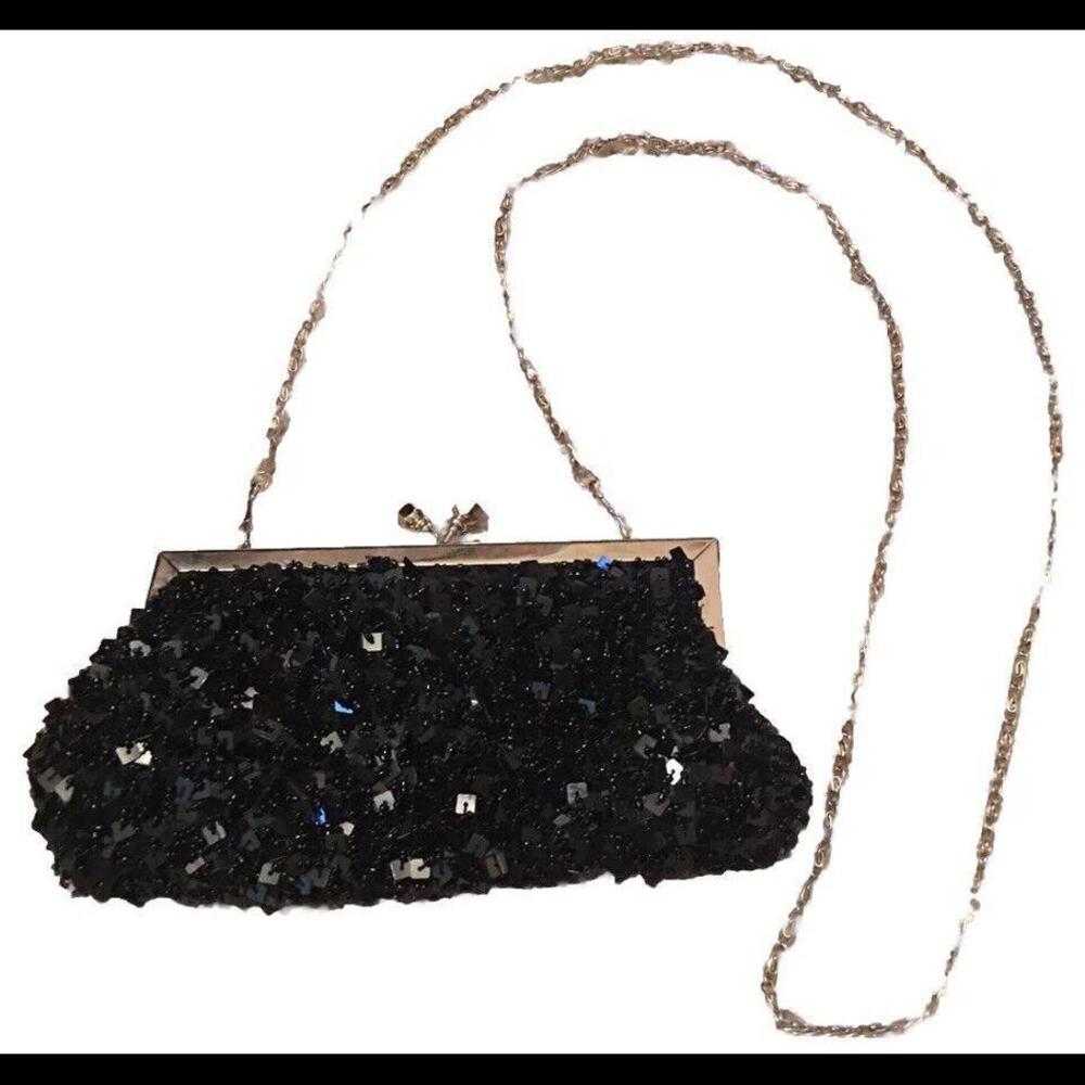 👠👛🖤Passport Black Beaded Evening Purse / Clutch Beautiful